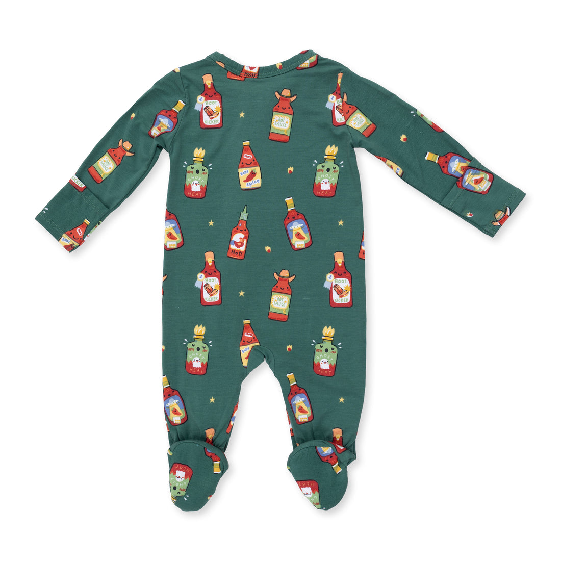 Green baby onesie with colorful bottle pattern on a white background
