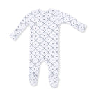 White baby onesie with black pattern on a white background