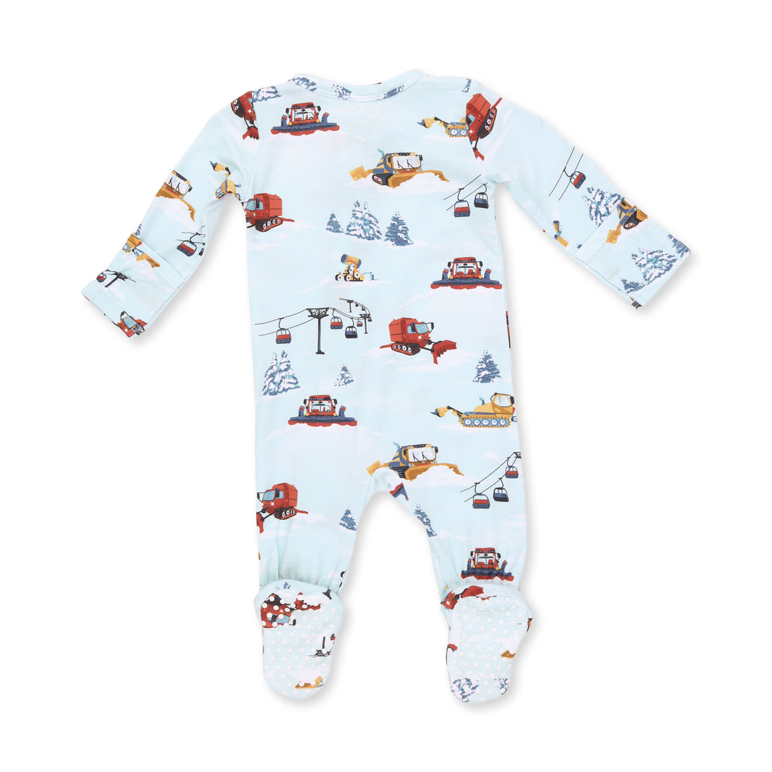 A baby footed sleeper with long sleeves and legs, featuring a light blue background with a colorful print of ski lifts, gondolas, snowmobiles, and winter trees.