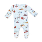 A baby footed sleeper with long sleeves and legs, featuring a light blue background with a colorful print of ski lifts, gondolas, snowmobiles, and winter trees.