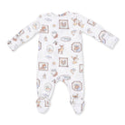 A baby long-sleeve footed sleeper in white fabric with a rustic woodland print featuring deer, moose, fish, and cabin motifs in brown, beige, and light blue.