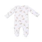 White baby onesie with gold animal pattern on a white background