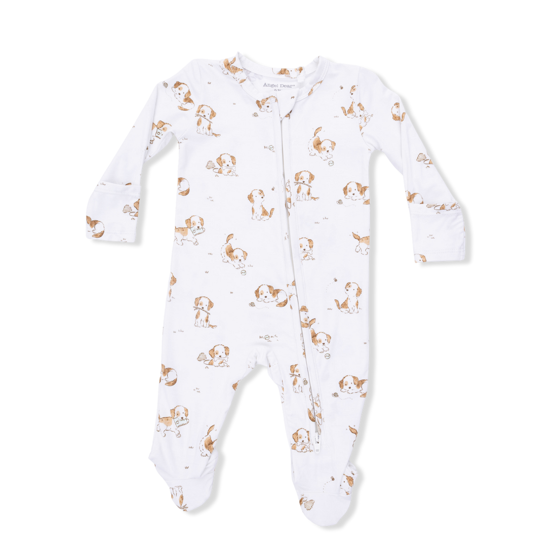 White baby onesie with brown dog pattern on a white background