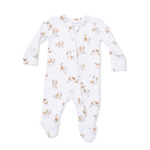 White baby onesie with brown dog pattern on a white background