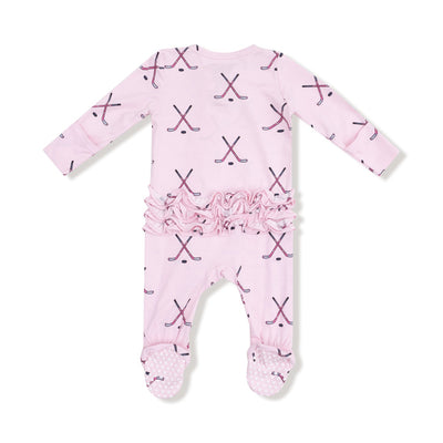 Bamboo 2 Way Zipper Ruffle Back Footie - Pink Hockey by Angel Dear
