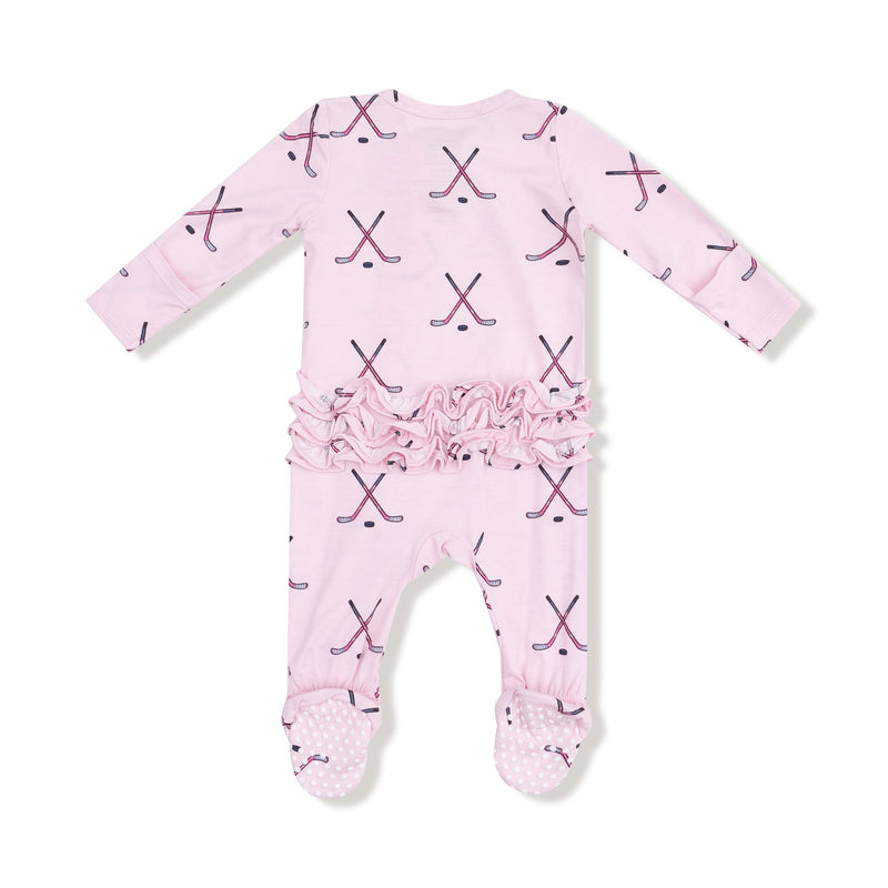 Bamboo 2 Way Zipper Ruffle Back Footie - Pink Hockey by Angel Dear