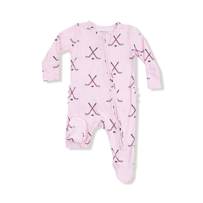 Bamboo 2 Way Zipper Ruffle Back Footie - Pink Hockey by Angel Dear