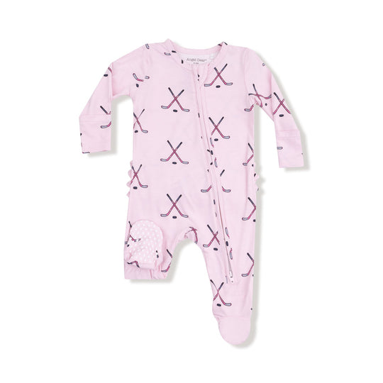 Bamboo 2 Way Zipper Ruffle Back Footie - Pink Hockey by Angel Dear