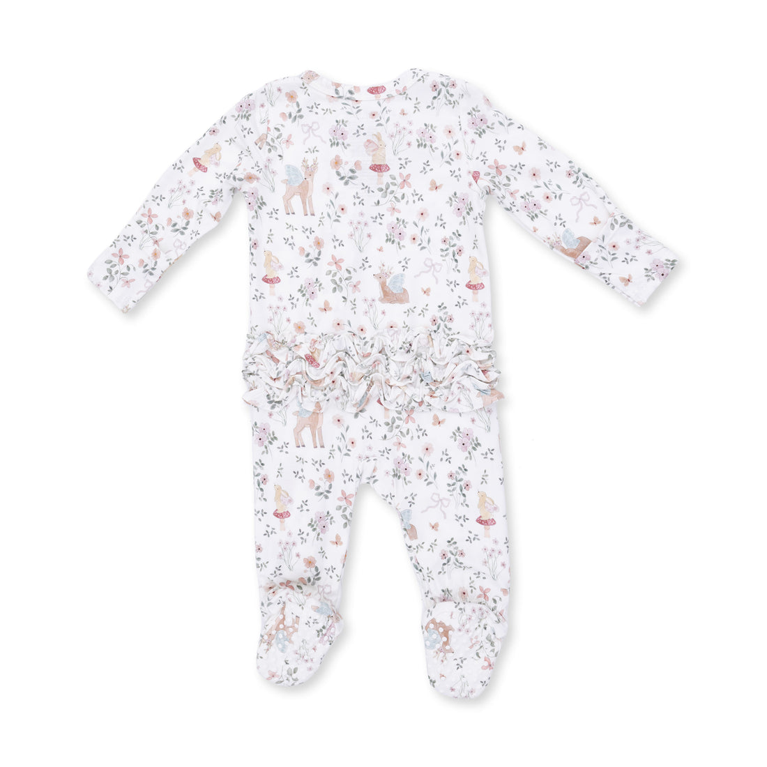 A baby footed sleeper with long sleeves and ruffled details, featuring an all-over print of woodland deer, foxes, and small flowers on a white background.