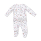 A baby footed sleeper with long sleeves and ruffled details, featuring an all-over print of woodland deer, foxes, and small flowers on a white background.
