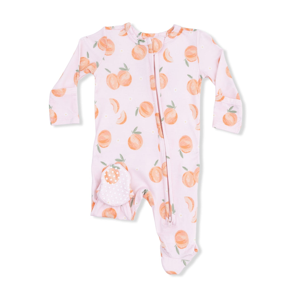 Baby onesie with peach pattern on a white background