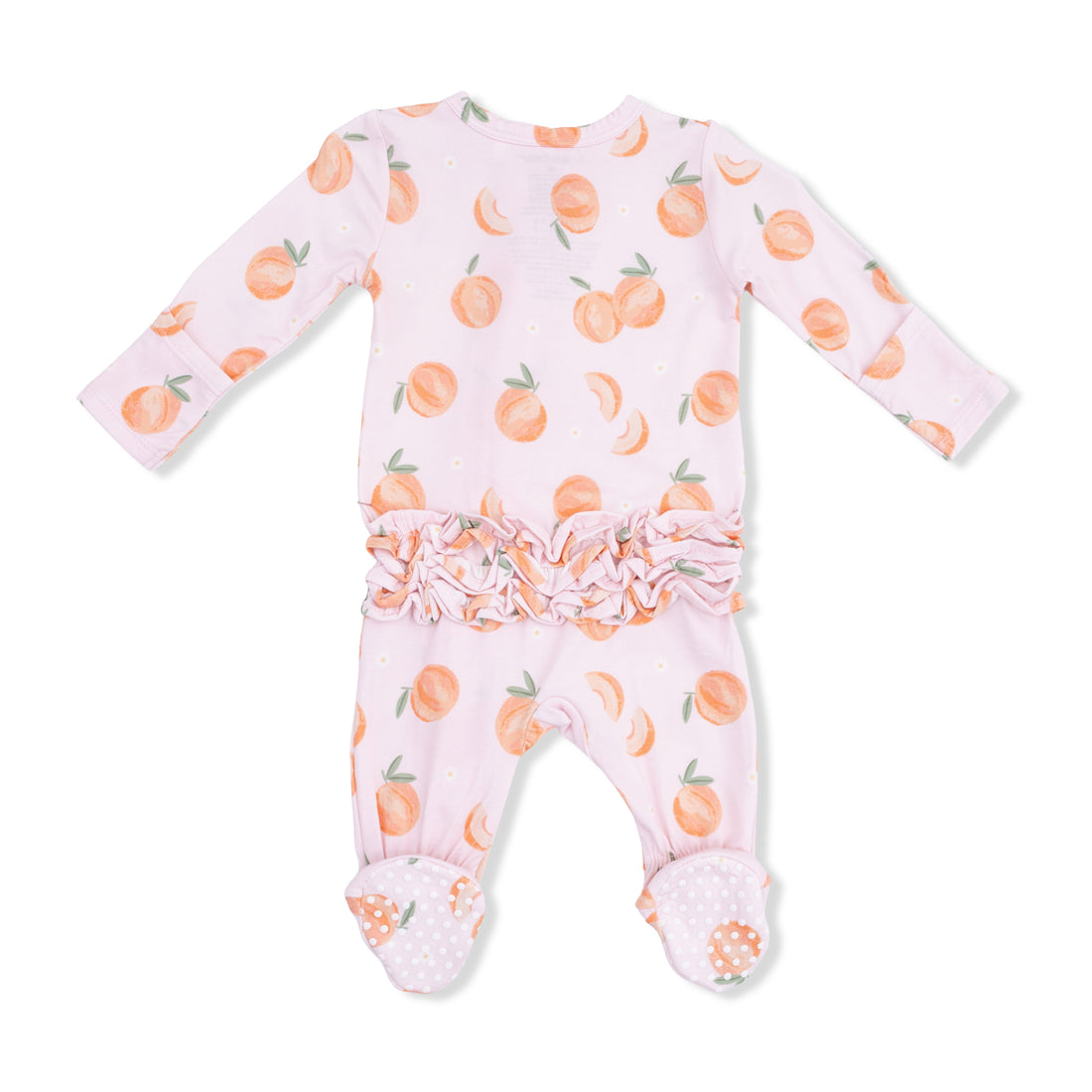 Baby onesie with peach pattern on a white background