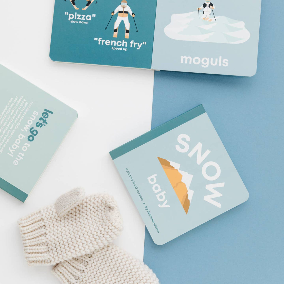 Set of snow-themed cards with illustrations and text on a blue and white background
