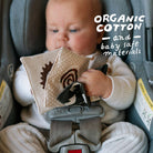 Baby in a car seat holding an organic cotton teething toy with text 'Organic Cotton and Baby Safe Materials'.