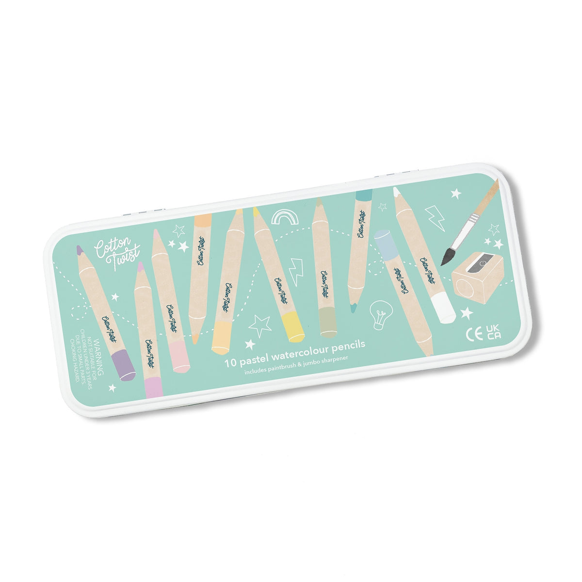 Set of pastel watercolor pencils in a branded case on a white background