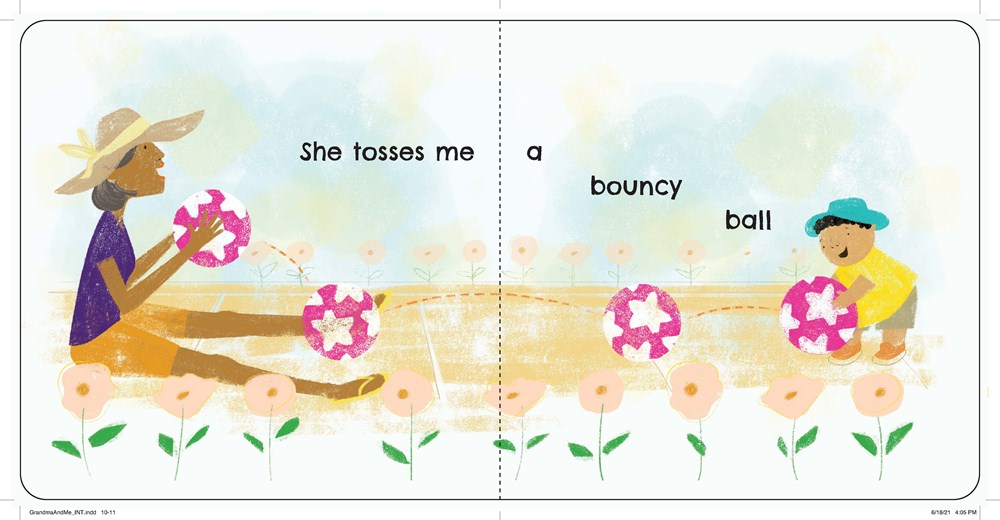 Illustration of two children playing with flowers and a bouncy ball on a sunny day.