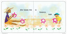 Illustration of two children playing with flowers and a bouncy ball on a sunny day.