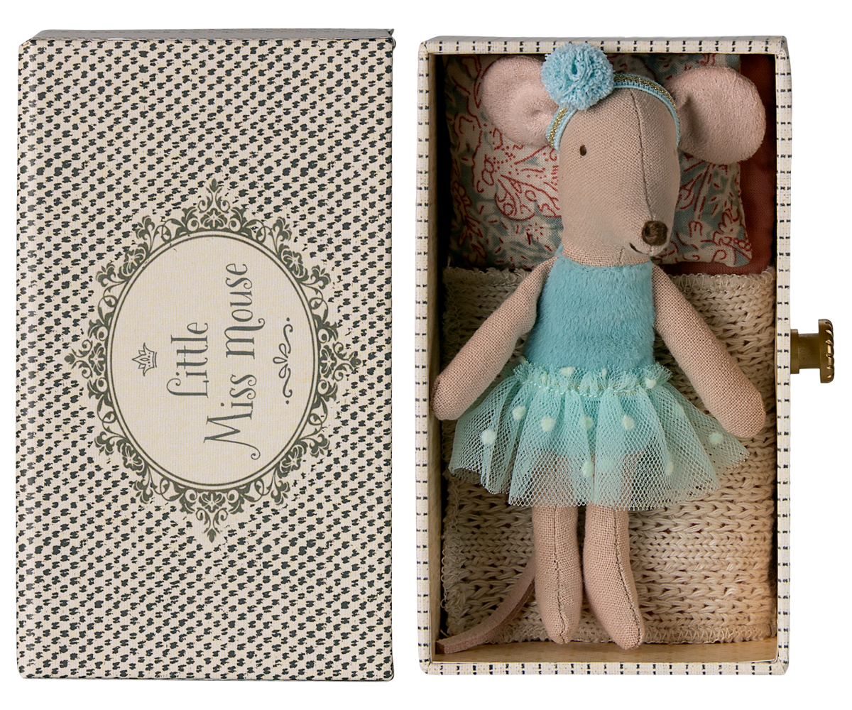 Small mouse doll in a box with 'Little Miss Mouse' text on the lid.