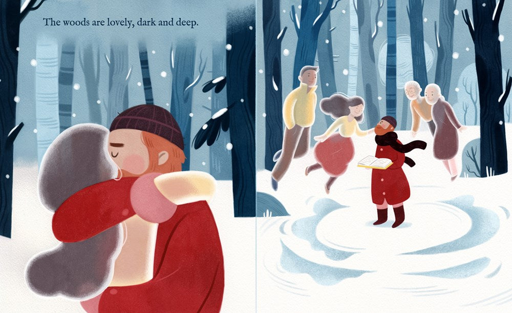 Illustration of a person in a red coat hugging a large gray glove in a snowy forest with other people in the background.