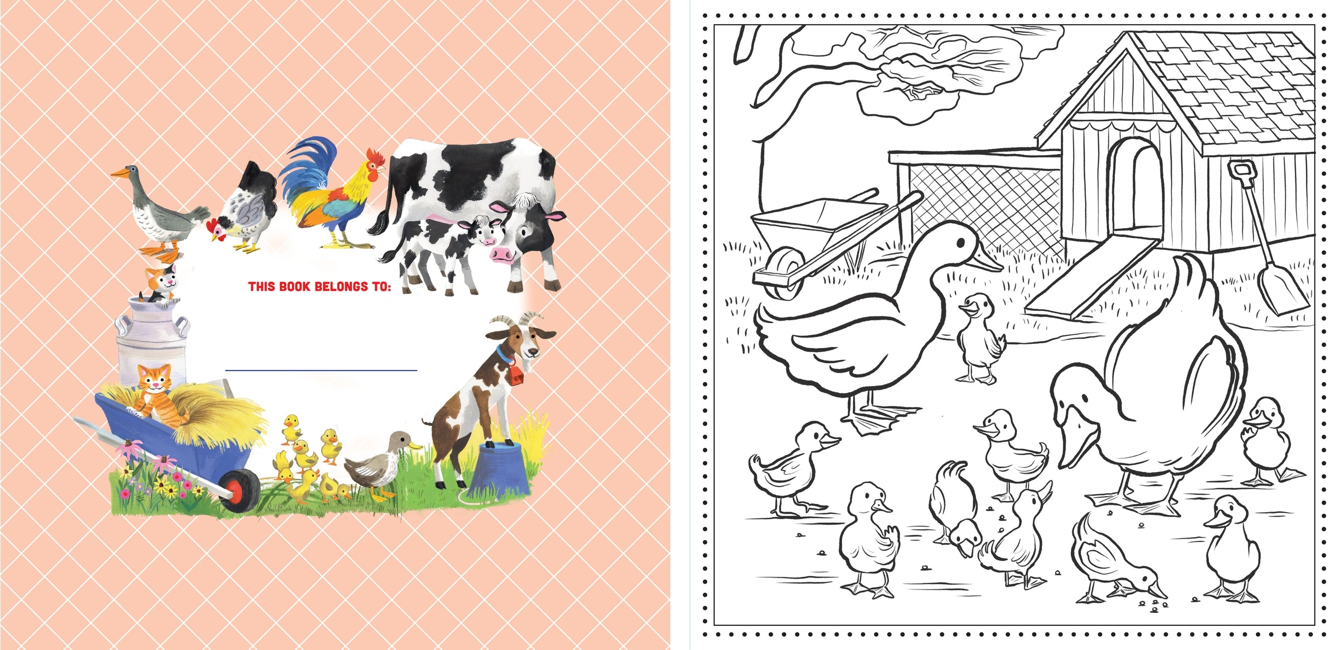 Coloring book with farm animal illustrations on a pink background