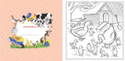 Coloring book with farm animal illustrations on a pink background