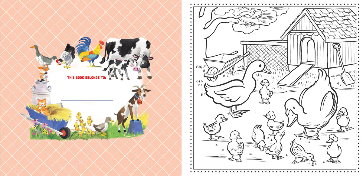Coloring book with farm animal illustrations on a pink background