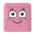Pink toy with cartoon face on a white background