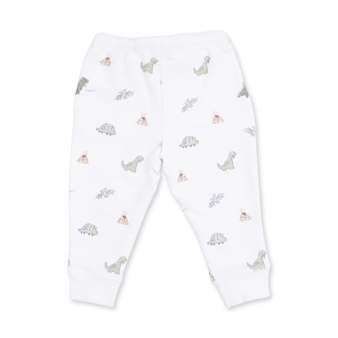 White baby jogger pants with an all-over print of small dinosaurs and teepees, shown flat on a white background.