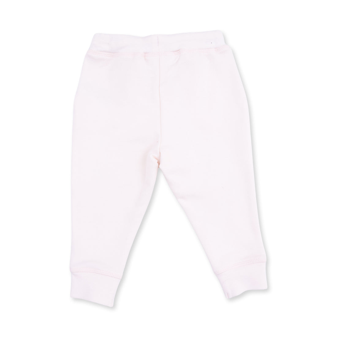 A pair of light pink sweatpants with an elastic waistband and ribbed ankle cuffs, shown flat against a white background.