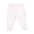 A pair of light pink sweatpants with an elastic waistband and ribbed ankle cuffs, shown flat against a white background.
