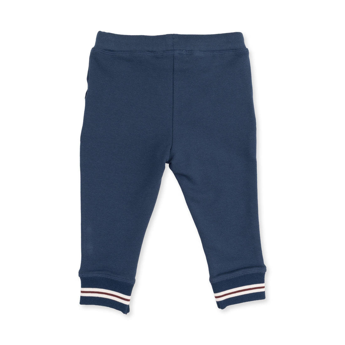 A pair of navy blue baby jogger pants with striped ribbed cuffs, shown flat on a white background.