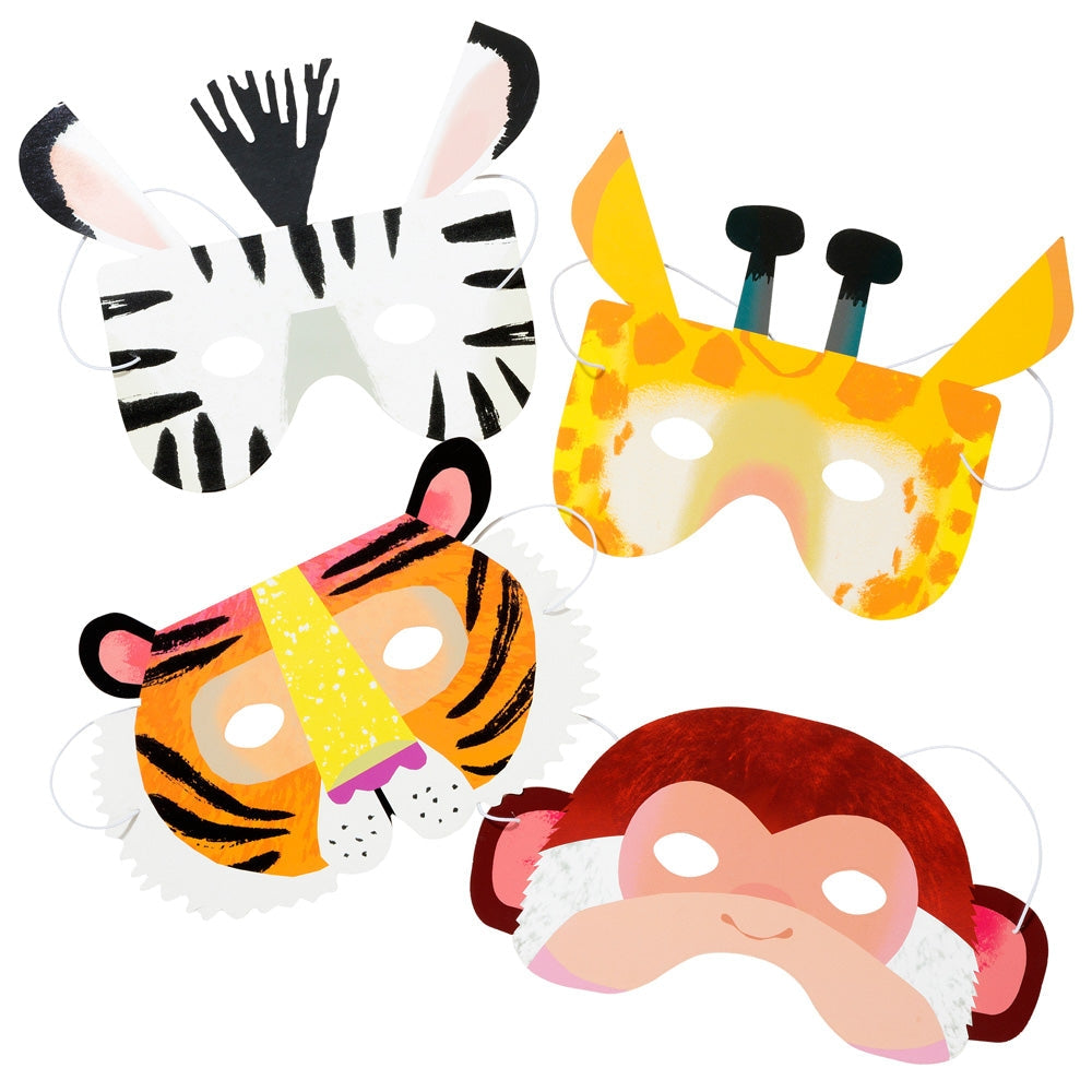 Set of animal-themed masks including zebra, giraffe, tiger, and monkey on a white background.