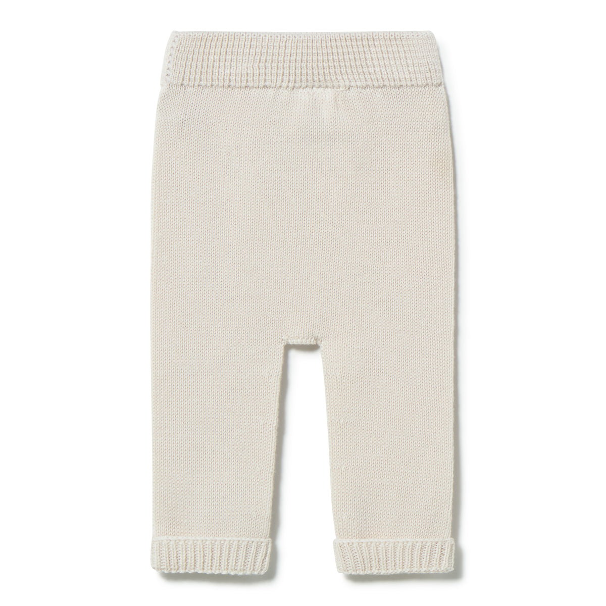 Beige knitted baby pants on a white background