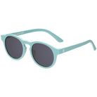Light blue sunglasses with a brand logo on a white background