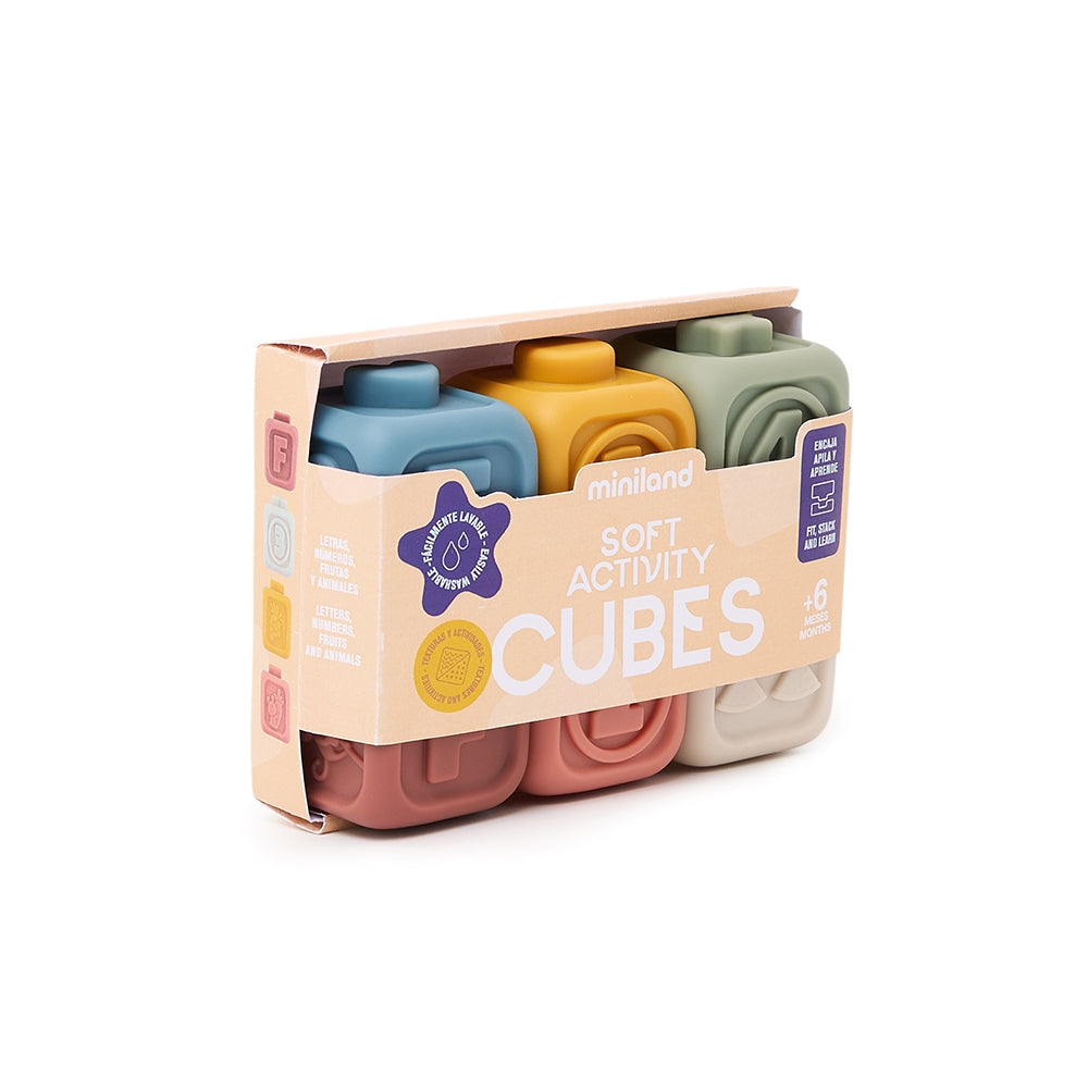 Pack of soft activity cubes with colorful shapes on a white background