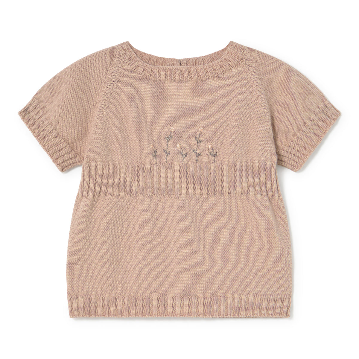 Beige knit top with floral embroidery on a white background