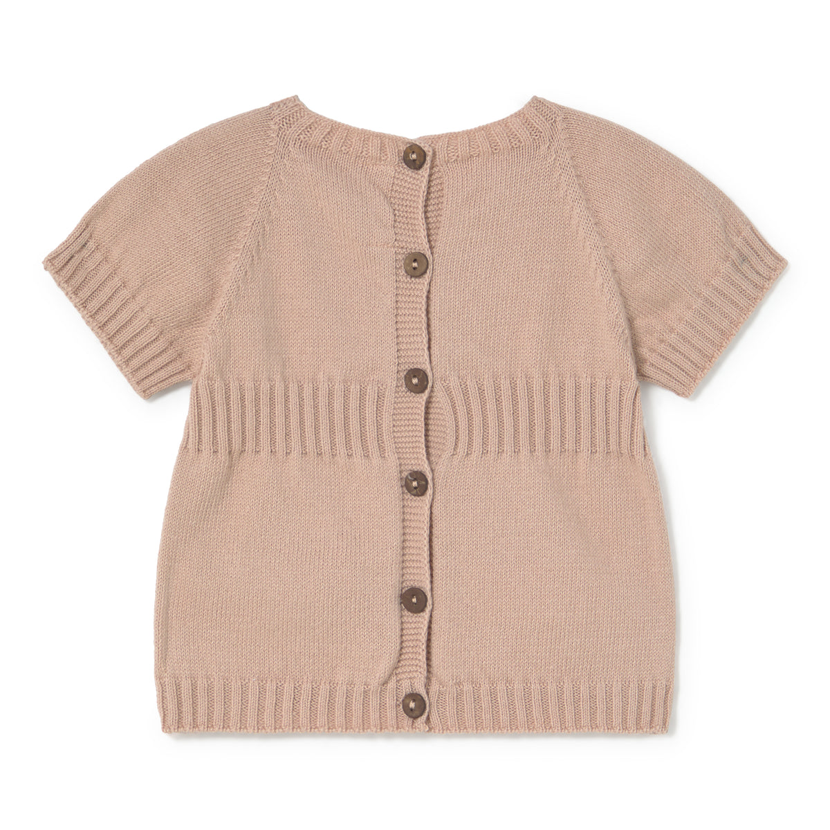 Beige knitted cardigan with buttons on a white background