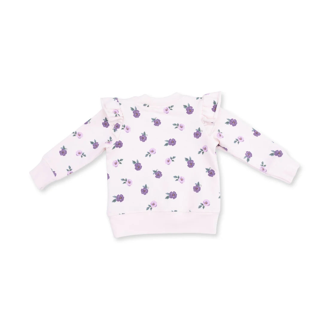 A light pink long-sleeve sweatshirt for toddlers, featuring an all-over print of small purple flowers with green leaves and ruffled details on the shoulders, shown against a plain white background.