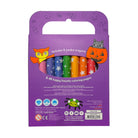 A purple retail package for a children's crayon set, showing a window with six colorful crayons inside and Halloween-themed illustrations including an owl, jack-o'-lantern, spider, and cat. Text on the package says it includes 6 jumbo crayons and 48 happy haunts coloring pages.
