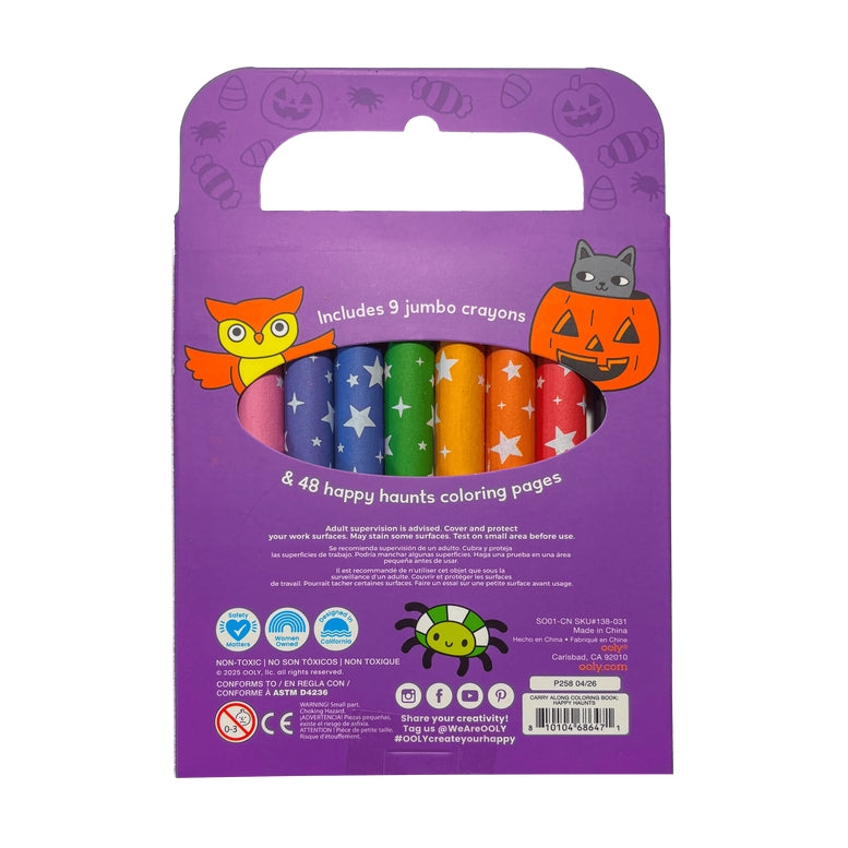 A purple retail package for a children's crayon set, showing a window with six colorful crayons inside and Halloween-themed illustrations including an owl, jack-o'-lantern, spider, and cat. Text on the package says it includes 6 jumbo crayons and 48 happy haunts coloring pages.
