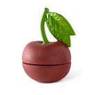 Red container shaped like a cherry with a green stem and leaf on a white background