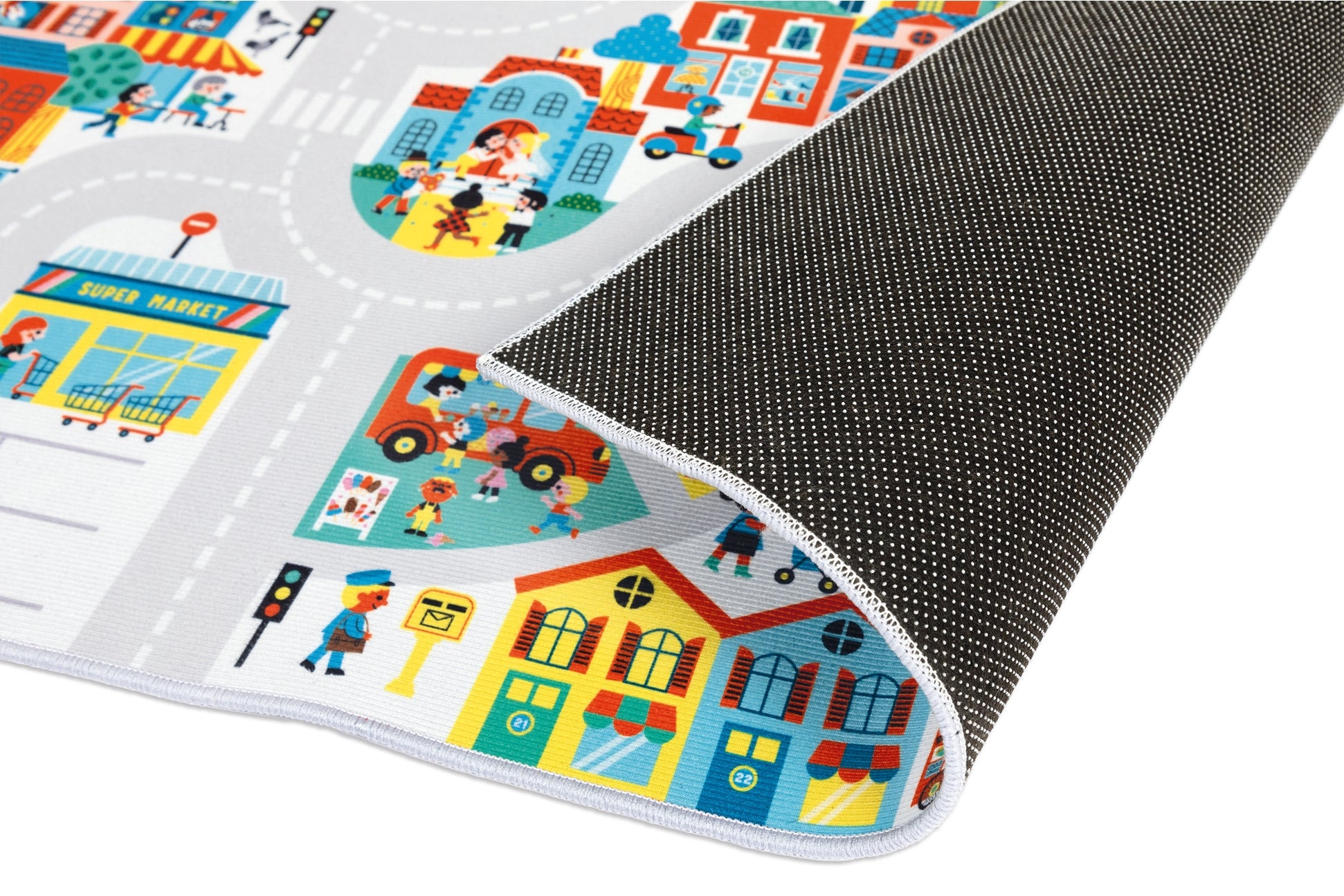 Children's play mat with colorful cityscape design on a white background