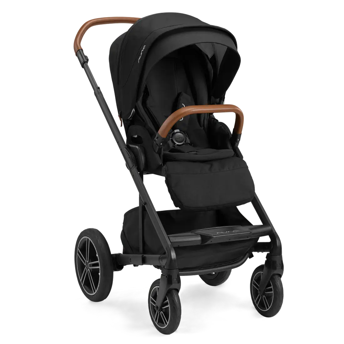 A profile view of a black MIXX Next + Pipa Aire RX Travel System by Nuna stroller featuring brown leatherette handlebar and armbar accents, shown against a checkered transparent background.