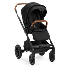 A profile view of a black MIXX Next + Pipa Aire RX Travel System by Nuna stroller featuring brown leatherette handlebar and armbar accents, shown against a checkered transparent background.