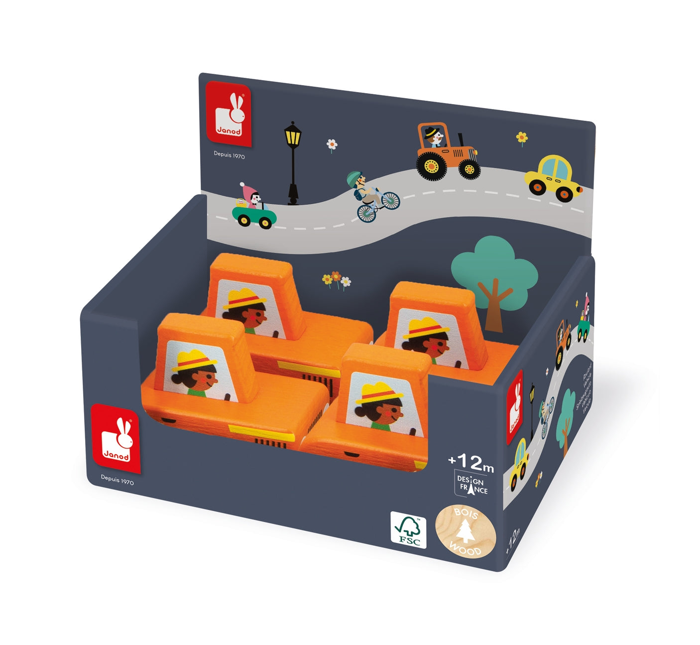 Bunny Play wooden toy set of four orange construction vehicles in a dark gray retail display box with illustrated road scene and bunny logo.