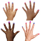 Four hands with colorful nail polish on a white background