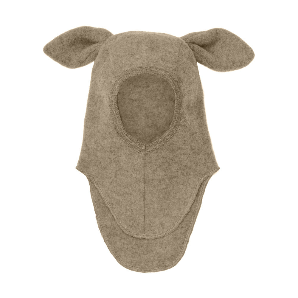 A light brown felt baby hat with attached ears, shown flat against a solid white background.