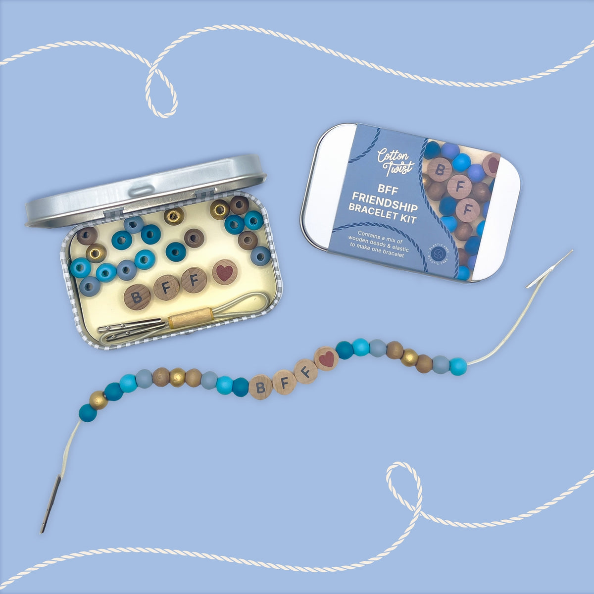 BFF Friendship Bracelet Kit with beads and tool on a blue background