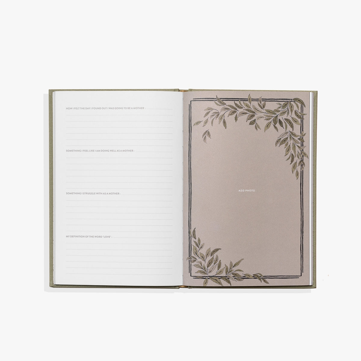 Open book with decorative leaves on a white background