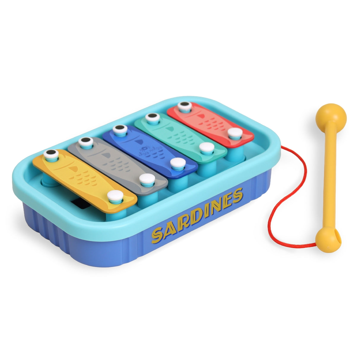 Colorful toy xylophone with 'Sardines' branding on a white background
